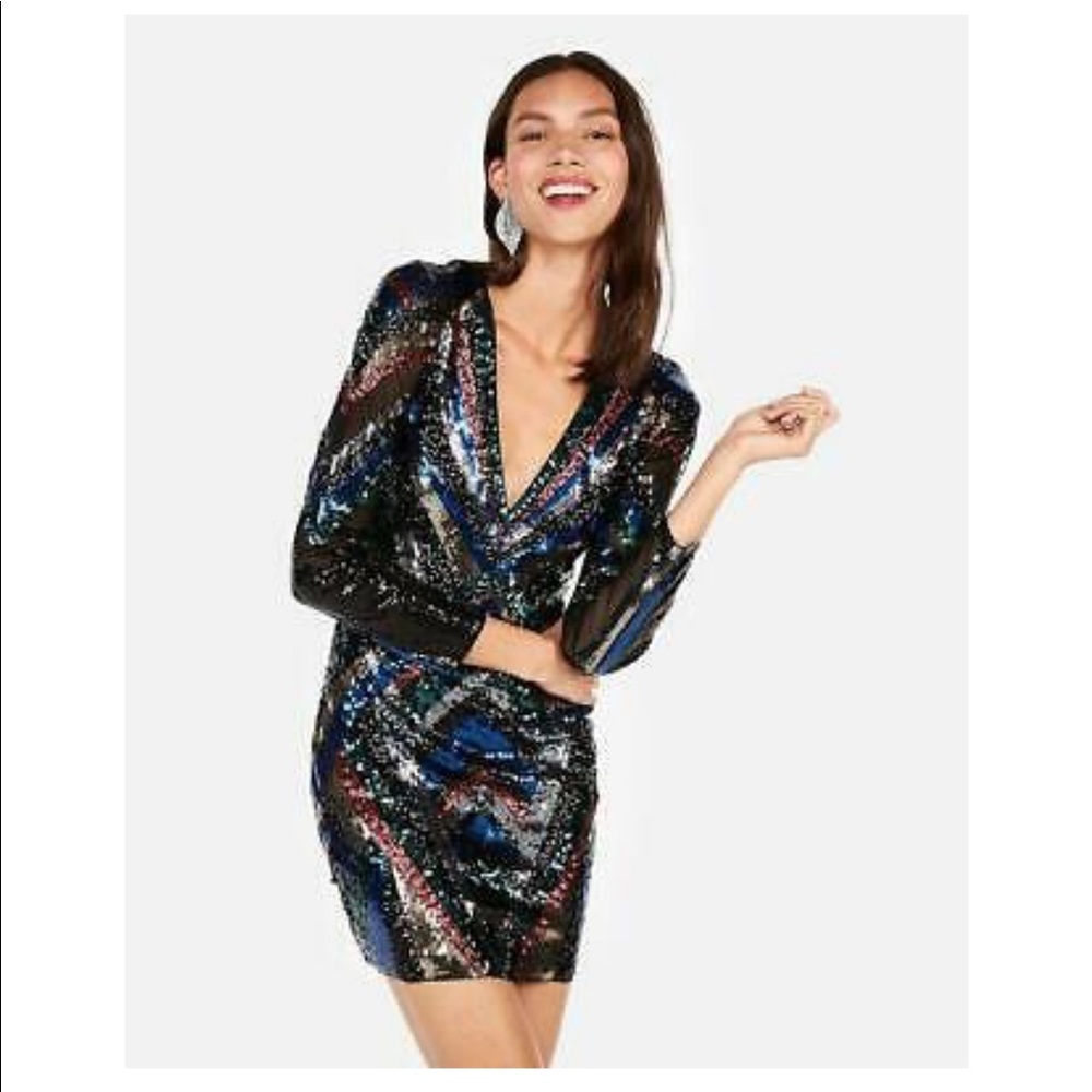 NWT Express Geometric Sequin Long-Sleeve Dress